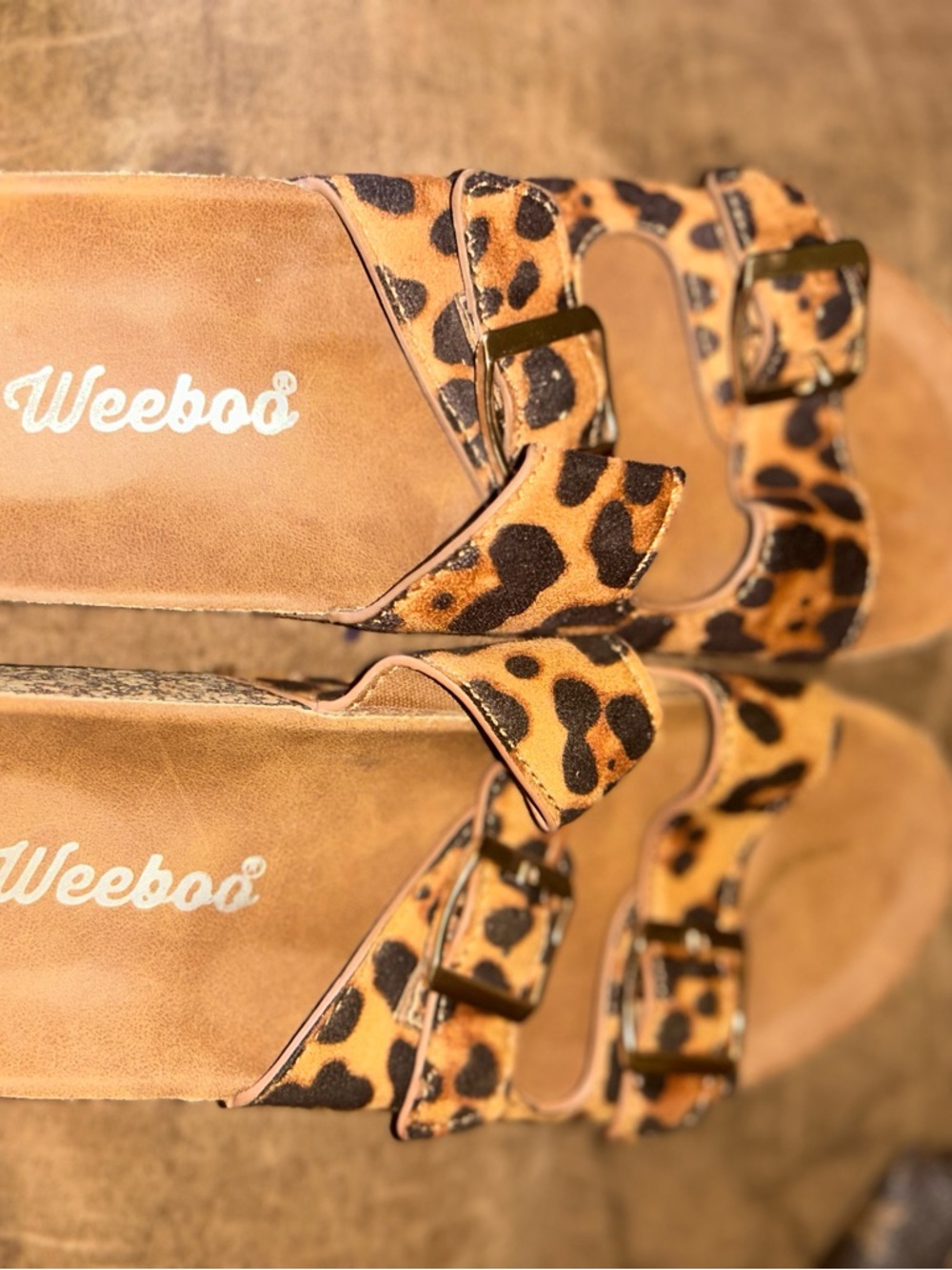 Weeboo Leopard Print Double Buckle Slide Sandals - Tan/Black